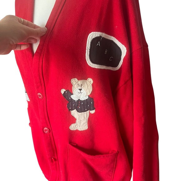 Vintage Teddy Bear Applique Red Button-Up Cardigan OS - Picture 3 of 5